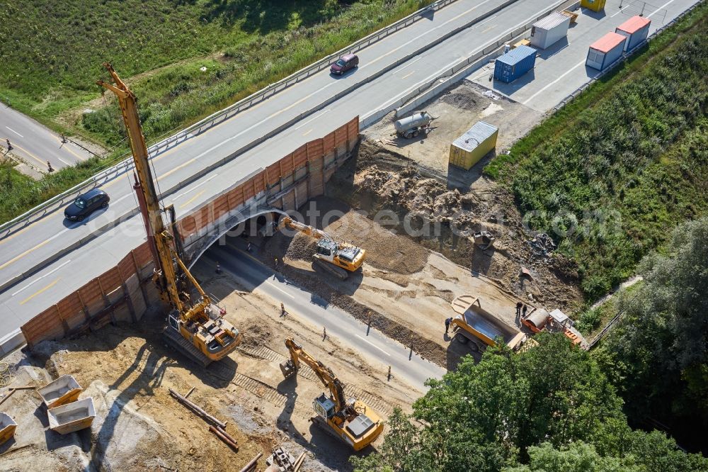 Aerial image Gollhofen - Construction site for the new building of Routing and traffic lanes over the highway bridge in the motorway A in Gollhofen in the state Bavaria, Germany