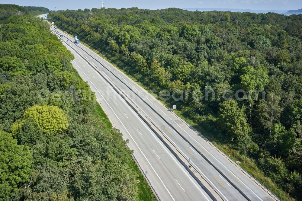 Aerial photograph Gollhofen - Construction site for the new building of Routing and traffic lanes over the highway bridge in the motorway A in Gollhofen in the state Bavaria, Germany