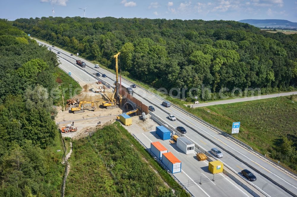 Gollhofen from above - Construction site for the new building of Routing and traffic lanes over the highway bridge in the motorway A in Gollhofen in the state Bavaria, Germany