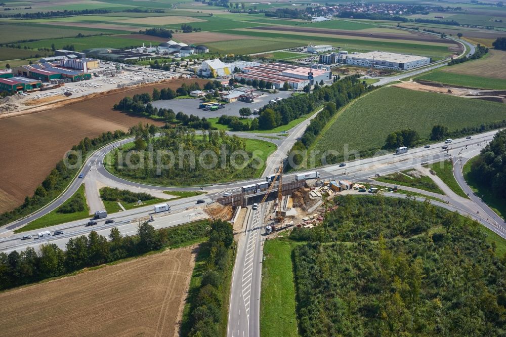 Aerial photograph Ippesheim - Construction site for the new building of Routing and traffic lanes over the highway bridge in the motorway A in Ippesheim in the state Bavaria, Germany