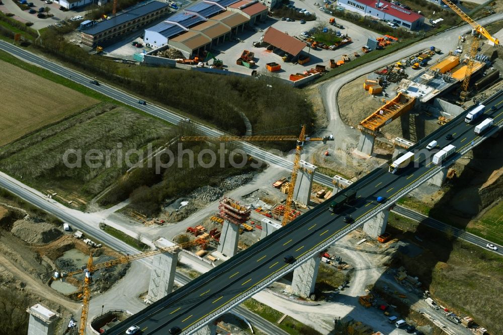 Aerial image Kürnach - Construction site for the new building of Routing and traffic lanes over the highway bridge Kuernachtalbruecke in the motorway A 7 in Kuernach in the state Bavaria, Germany
