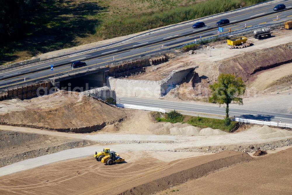 Aerial image Northeim - Construction site for the new building of Routing and traffic lanes over the highway bridge in the motorway A 7 in Northeim in the state Lower Saxony, Germany