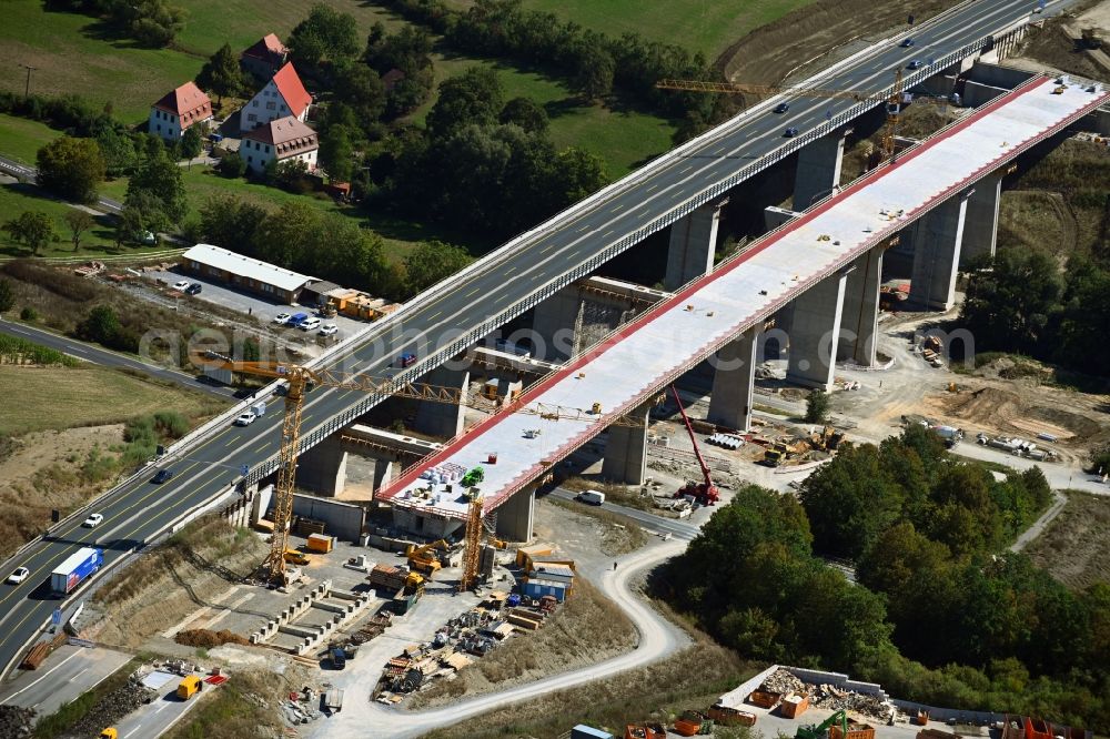 Aerial image Kürnach - Construction site for the new building of Routing and traffic lanes over the highway bridge in the motorway A 7 of Talbruecke Kuernach in Kuernach in the state Bavaria, Germany