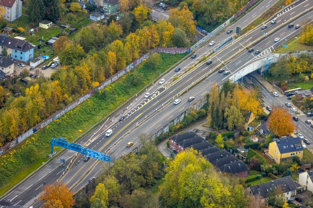 Aerial photograph Bochum - Construction site of the autobahn course of the BAB 448 in the district Wiemelhausen in Bochum at Ruhrgebiet in the state North Rhine-Westphalia, Germany