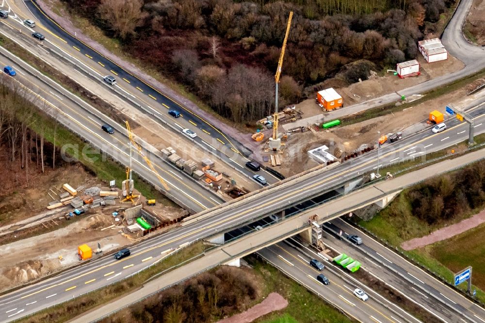Aerial photograph Ringsheim - Construction site of routing and traffic lanes during the highway exit and access the motorway A 5 in Ringsheim in the state Baden-Wurttemberg, Germany