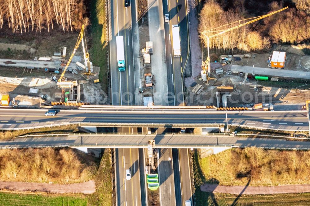 Ringsheim from the bird's eye view: Construction site of routing and traffic lanes during the highway exit and access the motorway A 5 in Ringsheim in the state Baden-Wurttemberg, Germany
