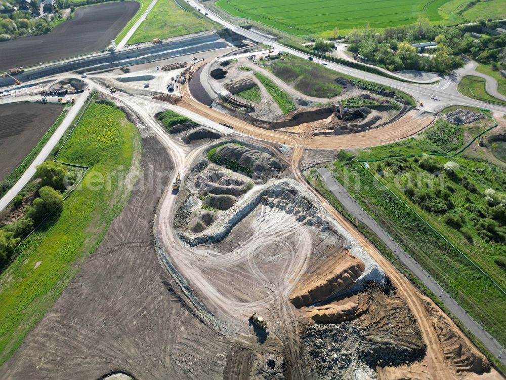Aerial image Salzmünde - Construction site of routing and traffic lanes during the highway exit and access the motorway A 143 on place Schiessplatz in Salzmuende Salzatal in the state Saxony-Anhalt, Germany