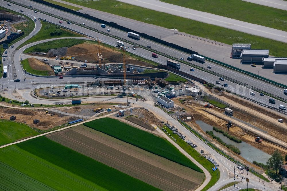 Aerial image Stuttgart - Construction site of routing and traffic lanes during the highway exit and access the motorway A 8 in the district Plieningen in Stuttgart in the state Baden-Wuerttemberg, Germany
