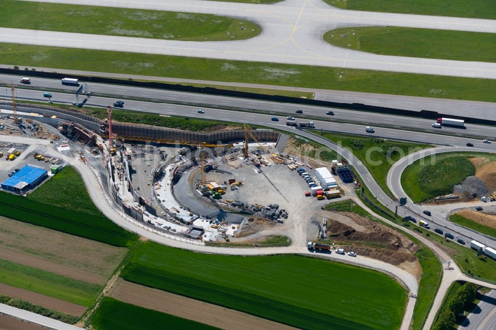 Aerial image Stuttgart - Construction site of routing and traffic lanes during the highway exit and access the motorway A 8 in the district Plieningen in Stuttgart in the state Baden-Wuerttemberg, Germany