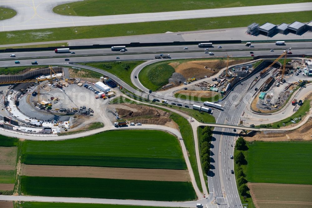 Aerial photograph Stuttgart - Construction site of routing and traffic lanes during the highway exit and access the motorway A 8 in the district Plieningen in Stuttgart in the state Baden-Wuerttemberg, Germany