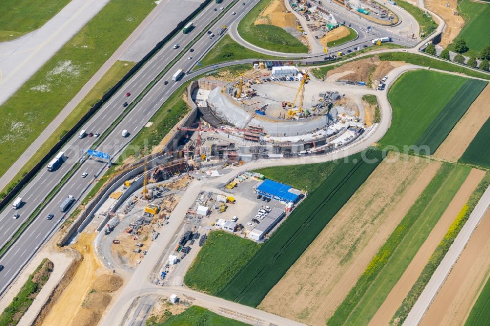 Aerial photograph Stuttgart - Construction site of routing and traffic lanes during the highway exit and access the motorway A 8 in the district Plieningen in Stuttgart in the state Baden-Wuerttemberg, Germany