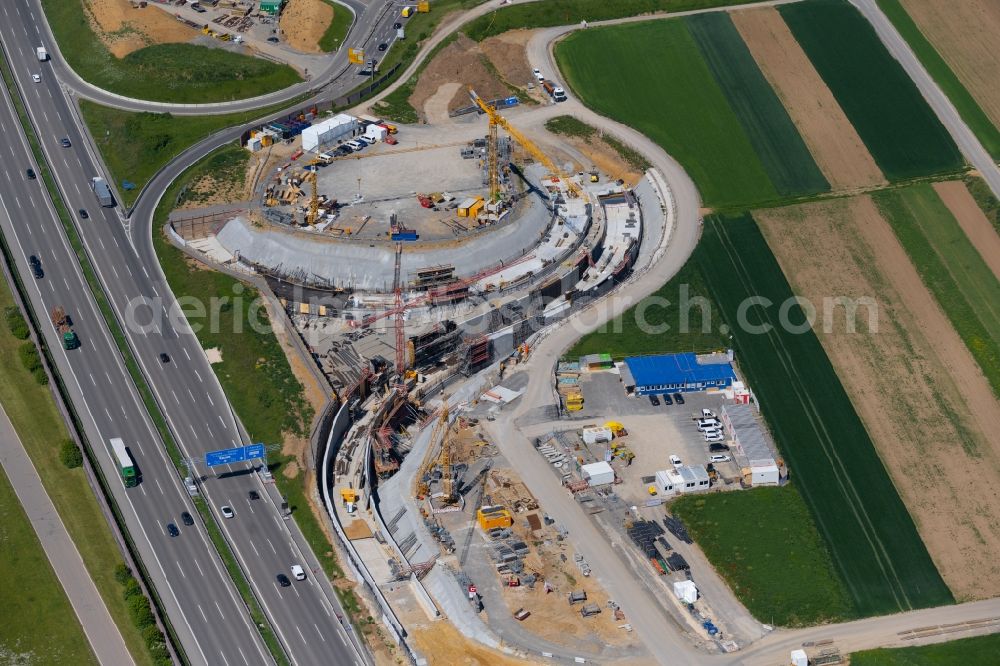 Stuttgart from the bird's eye view: Construction site of routing and traffic lanes during the highway exit and access the motorway A 8 in the district Plieningen in Stuttgart in the state Baden-Wuerttemberg, Germany