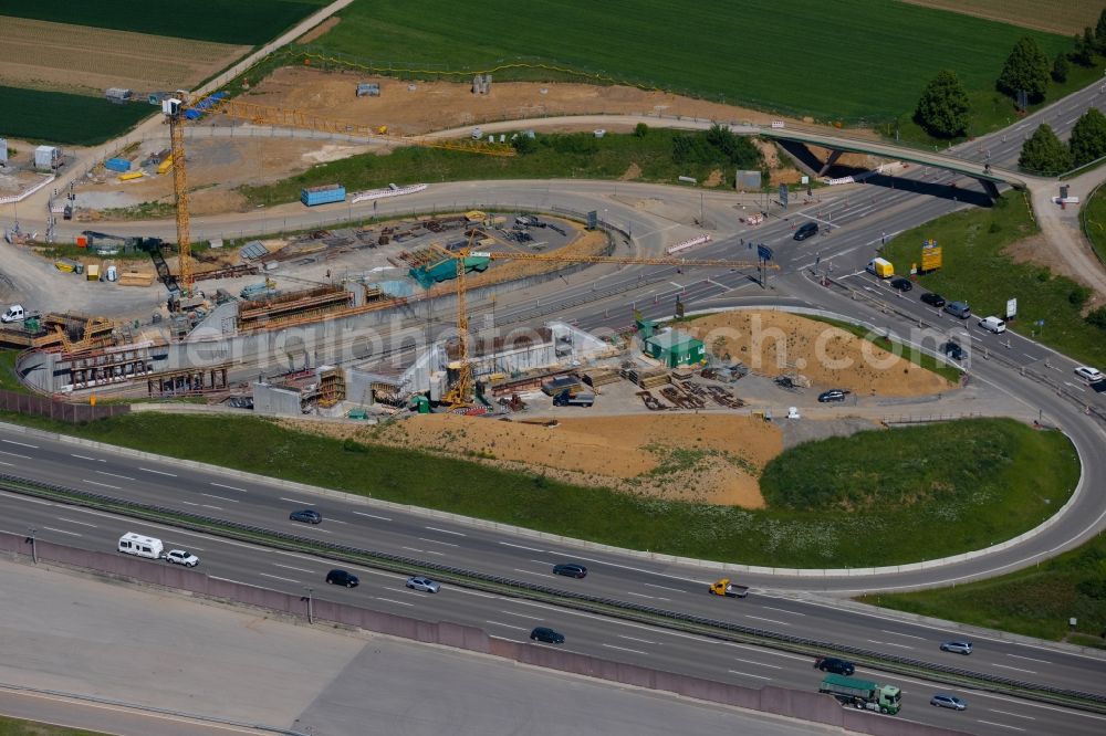 Stuttgart from above - Construction site of routing and traffic lanes during the highway exit and access the motorway A 8 in the district Plieningen in Stuttgart in the state Baden-Wuerttemberg, Germany