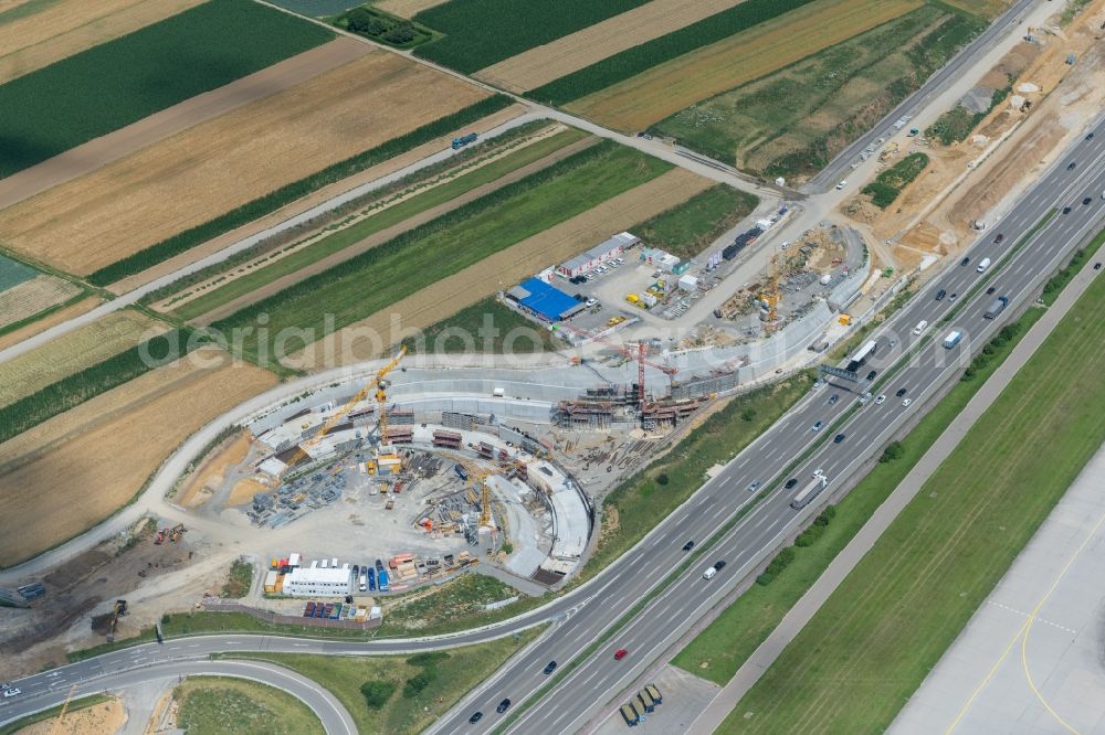 Stuttgart from the bird's eye view: Construction site of routing and traffic lanes during the highway exit and access the motorway A 8 in the district Plieningen in Stuttgart in the state Baden-Wuerttemberg, Germany