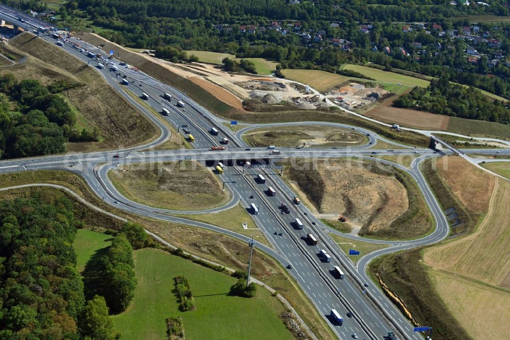 Würzburg from the bird's eye view: Construction site of routing and traffic lanes during the highway exit and access the motorway A 3 in Wuerzburg in the state Bavaria, Germany