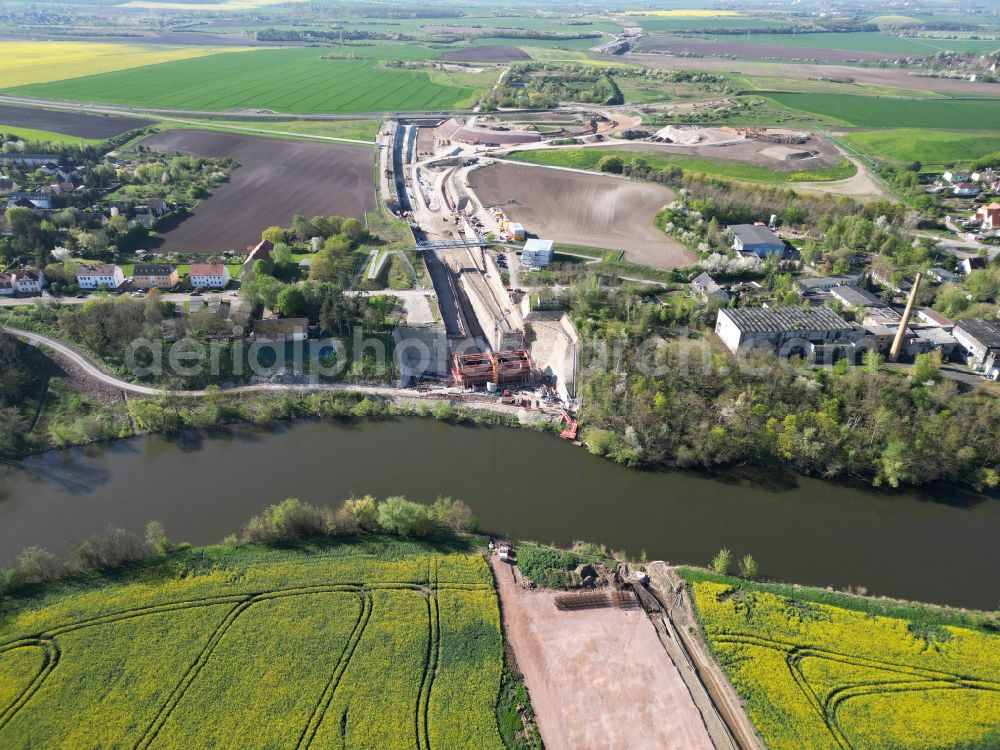 Aerial image Salzmünde - Construction site routing and lanes in the course of the bridge construction of the motorway crossing BAB A143 about the Saale on street Lettiner Strasse in Salzmuende Salzatal in the state Saxony-Anhalt, Germany
