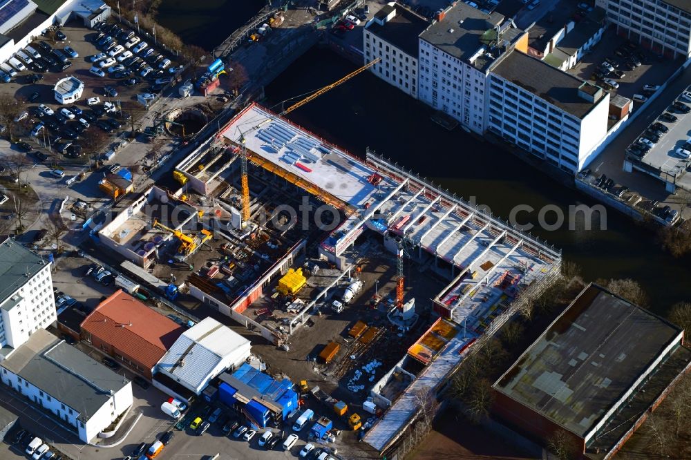 Hamburg from above - Construction site at the car dealership of the car of Auto Wichert GmbH on Ausschlaeger Weg in the district Hammerbrook in Hamburg, Germany