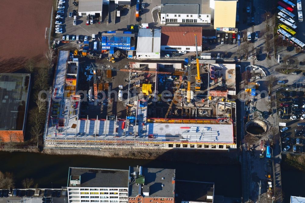 Aerial image Hamburg - Construction site at the car dealership of the car of Auto Wichert GmbH on Ausschlaeger Weg in the district Hammerbrook in Hamburg, Germany