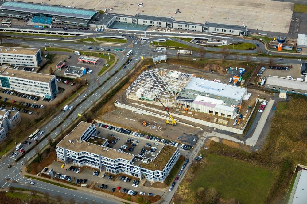 Aerial image Holzwickede - Construction site at the car dealership of the car Porsche Zentrum Dortmund of Huelpert GmbH on Bertha-Krupp-Strasse in Holzwickede in the state North Rhine-Westphalia, Germany