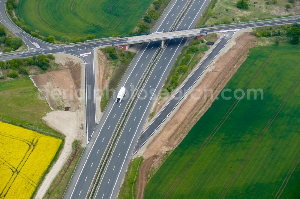 Aerial image Friedland - Construction site of routing and traffic lanes during the highway exit and access the motorway A 38 in Friedland in the state Lower Saxony, Germany