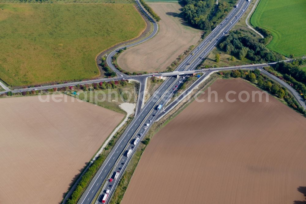 Aerial photograph Friedland - Construction site of routing and traffic lanes during the highway exit and access the motorway A 38 in Friedland in the state Lower Saxony, Germany