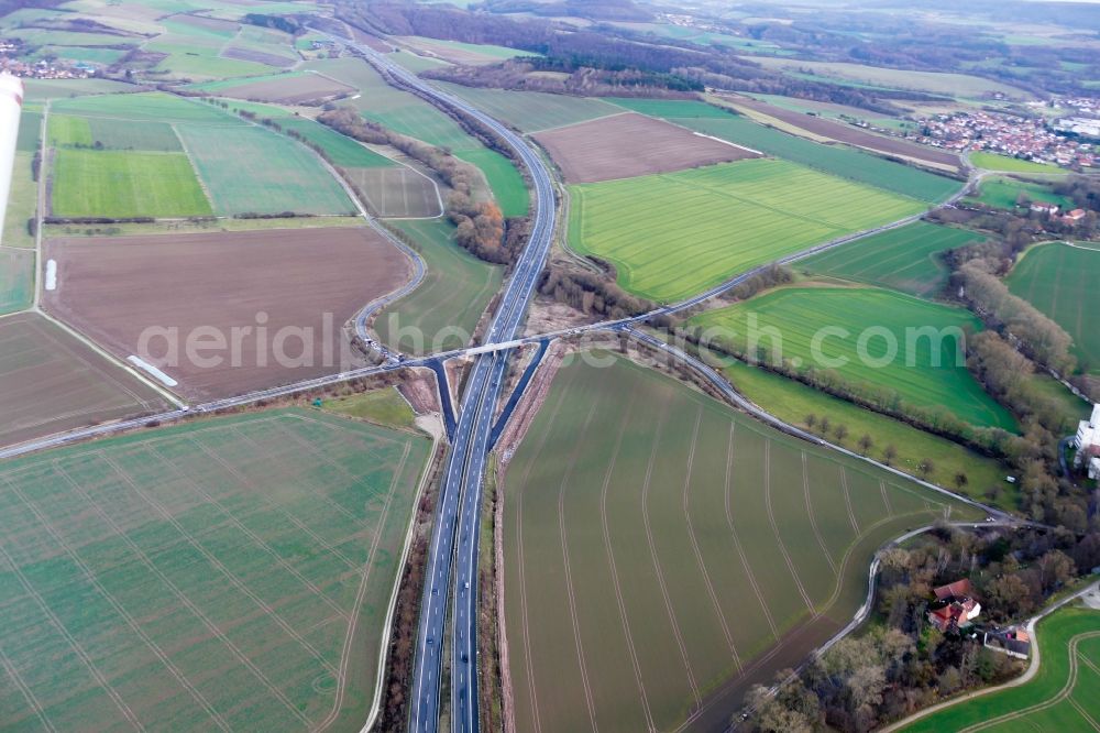 Friedland from the bird's eye view: Construction site of routing and traffic lanes during the highway exit and access the motorway A 38 in Friedland in the state Lower Saxony, Germany
