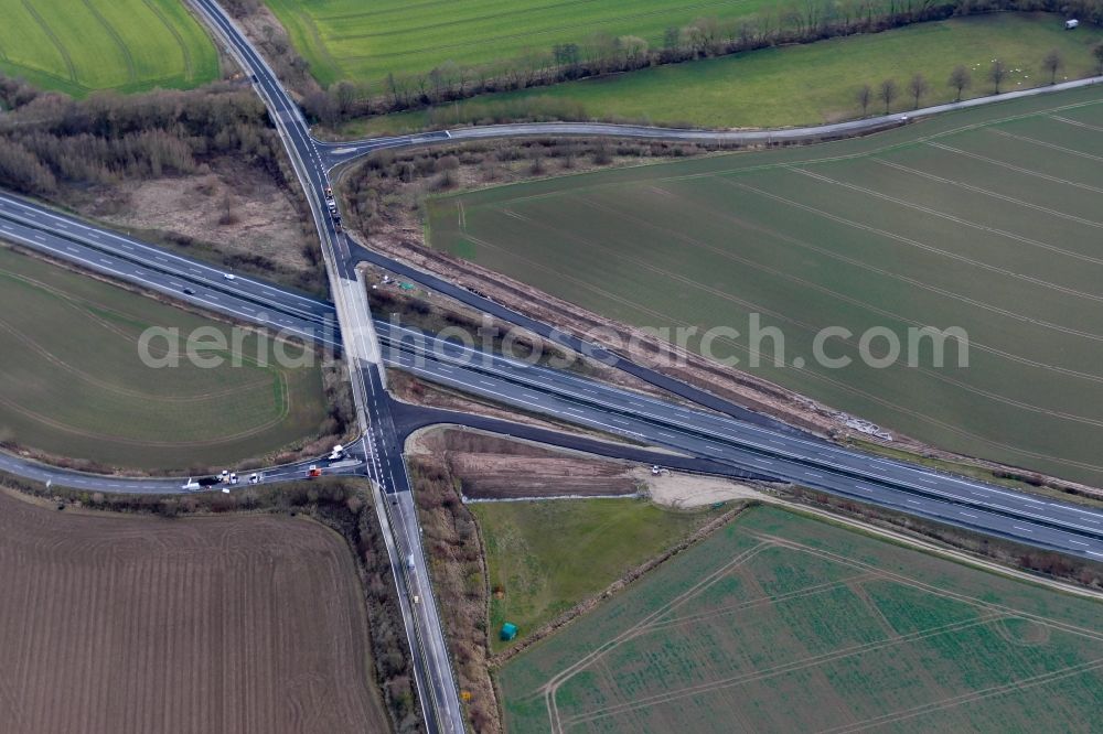 Friedland from above - Construction site of routing and traffic lanes during the highway exit and access the motorway A 38 in Friedland in the state Lower Saxony, Germany