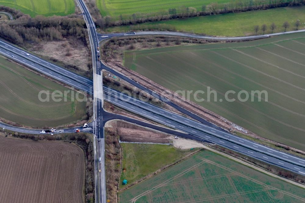 Friedland from the bird's eye view: Construction site of routing and traffic lanes during the highway exit and access the motorway A 38 in Friedland in the state Lower Saxony, Germany