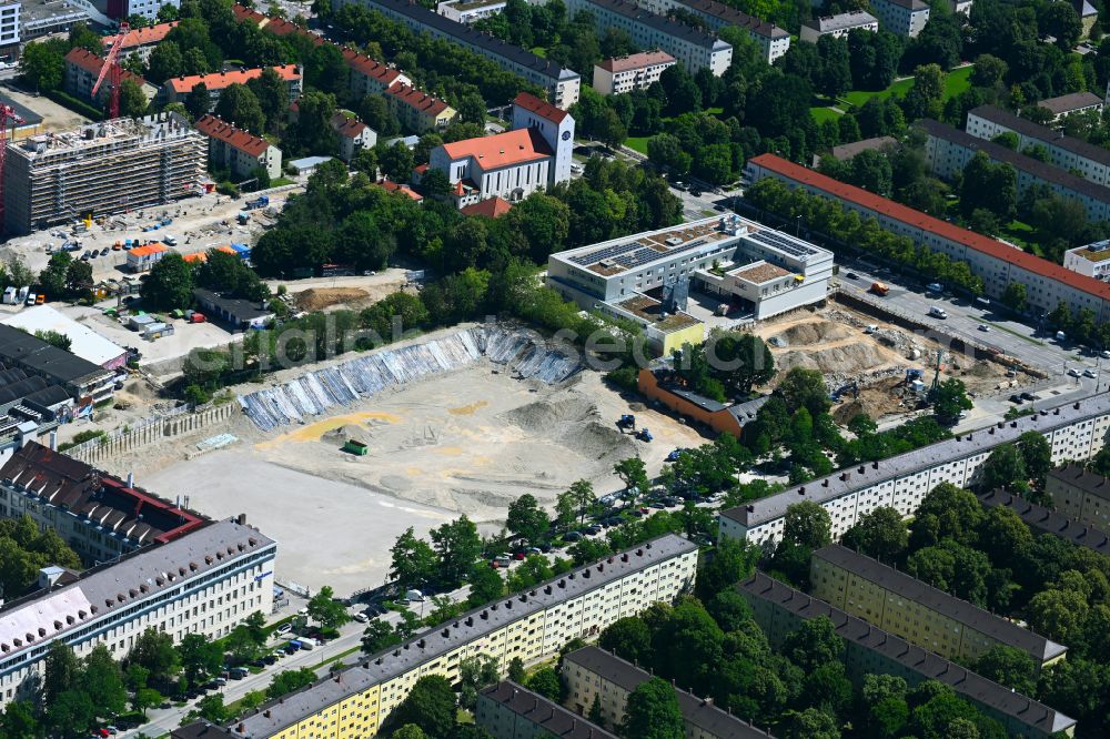 Aerial photograph München - Construction site for the new construction of an office and commercial building ensemble PANDION beat and PANDION soul in the Munich Werksviertel on Anzinger Strasse in the district Haidhausen in Munich in the state Bavaria, Germany