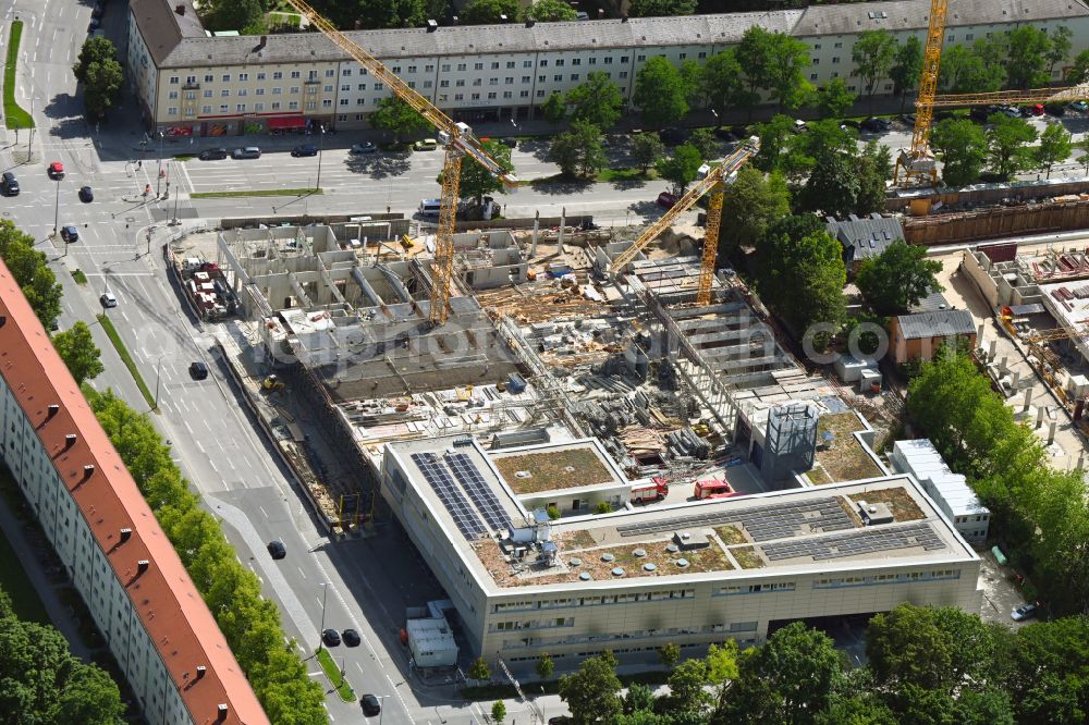 Aerial image München - Construction site for the new construction of an office and commercial building ensemble PANDION beat and PANDION soul in the Munich Werksviertel on Anzinger Strasse in the district Haidhausen in Munich in the state Bavaria, Germany