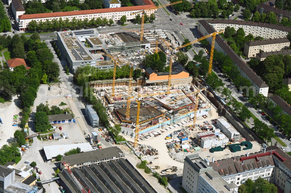 Aerial image München - Construction site for the new construction of an office and commercial building ensemble PANDION beat and PANDION soul in the Munich Werksviertel on Anzinger Strasse in the district Haidhausen in Munich in the state Bavaria, Germany