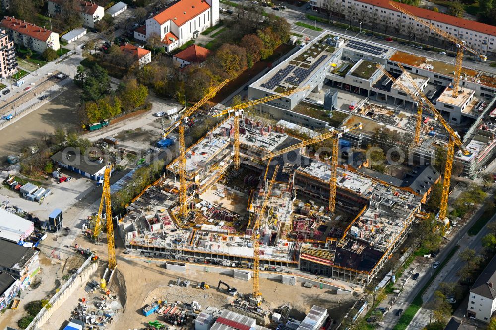 München from above - Construction site for the new construction of an office and commercial building ensemble PANDION beat and PANDION soul in the Munich Werksviertel on Anzinger Strasse in the district Haidhausen in Munich in the state Bavaria, Germany