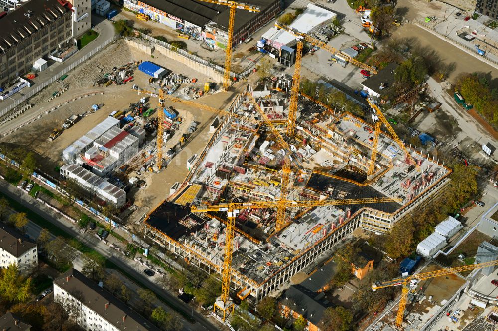 München from above - Construction site for the new construction of an office and commercial building ensemble PANDION beat and PANDION soul in the Munich Werksviertel on Anzinger Strasse in the district Haidhausen in Munich in the state Bavaria, Germany