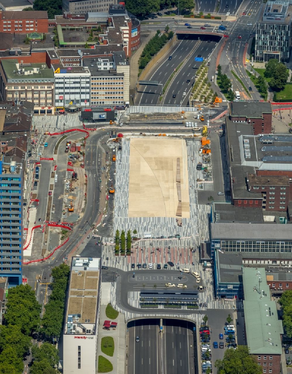 Duisburg from above - Building site office building Mercator One on Mercatorstrasse in Duisburg in the state North Rhine-Westphalia, Germany