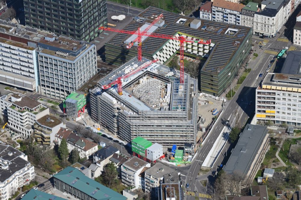 Basel from above - Construction site for a new extension to the hospital grounds Hochhaus Biozentrum of Universitaet and das Klinikgelaende of Krankenhauses Universitaetsspital in the district Am Ring in Basel, Switzerland