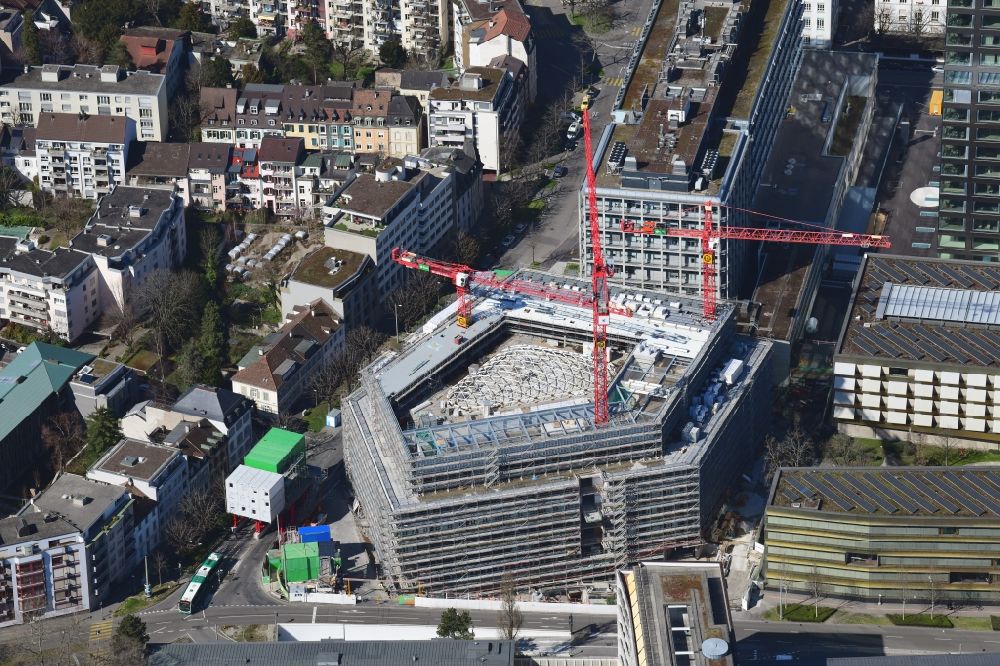 Aerial image Basel - Construction site for a new extension to the hospital grounds Hochhaus Biozentrum of Universitaet and das Klinikgelaende of Krankenhauses Universitaetsspital in the district Am Ring in Basel, Switzerland
