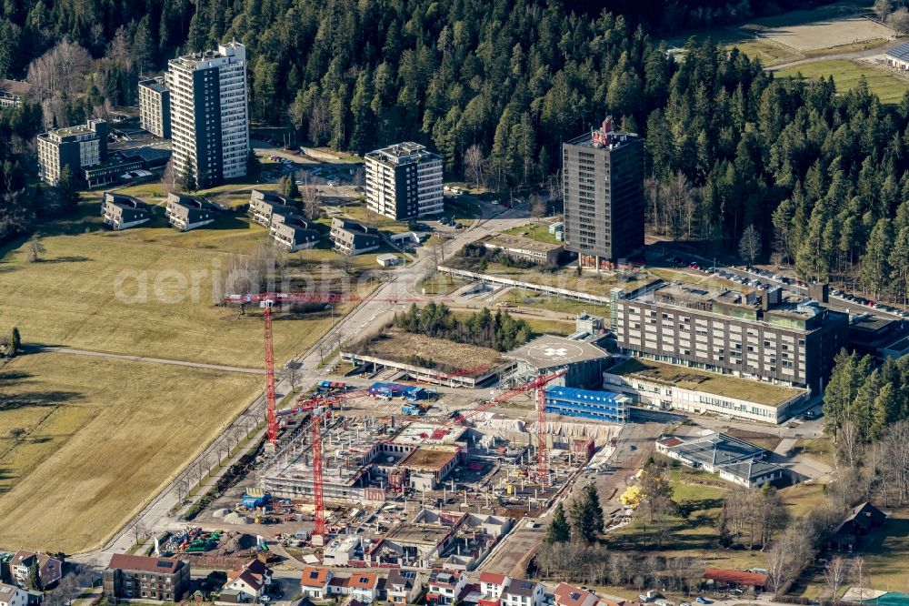 Freudenstadt from above - Construction site for a new extension H-Quadrat to the hospital grounds in Freudenstadt in the state Baden-Wurttemberg, Germany
