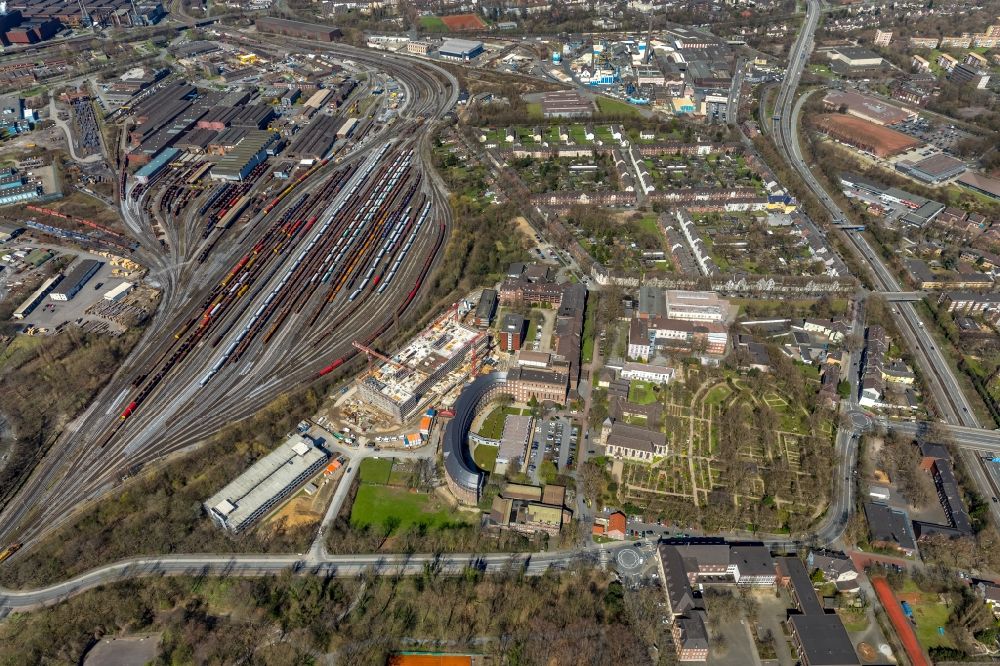Aerial photograph Duisburg - Construction site for a new extension to the hospital grounds Helios St. Johonnes Klinik Duisburg An of Abtei in Duisburg in the state North Rhine-Westphalia, Germany