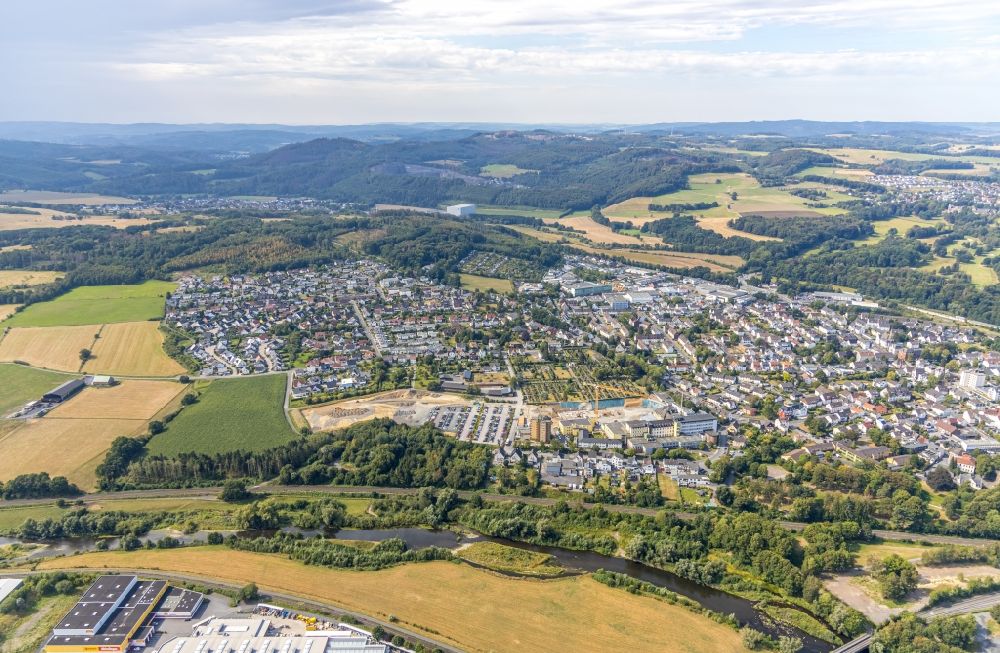 Arnsberg from above - Construction site for a new extension to the hospital grounds Klinikum Hochsauerland in Arnsberg in the state North Rhine-Westphalia, Germany