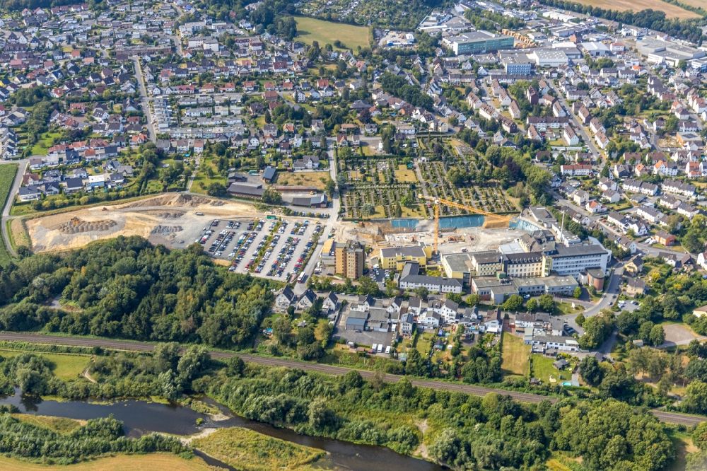 Aerial image Arnsberg - Construction site for a new extension to the hospital grounds Klinikum Hochsauerland in Arnsberg in the state North Rhine-Westphalia, Germany