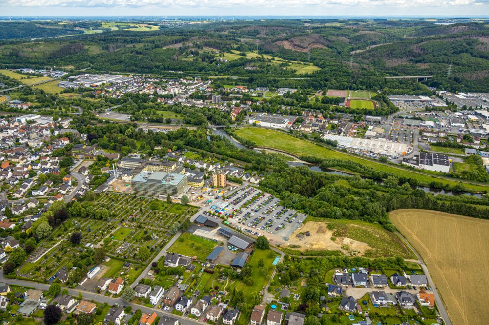 Aerial image Arnsberg - Construction site for a new extension to the hospital grounds Klinikum Hochsauerland - Karolinen-Hospital in the district Huesten in Arnsberg at Sauerland in the state North Rhine-Westphalia, Germany