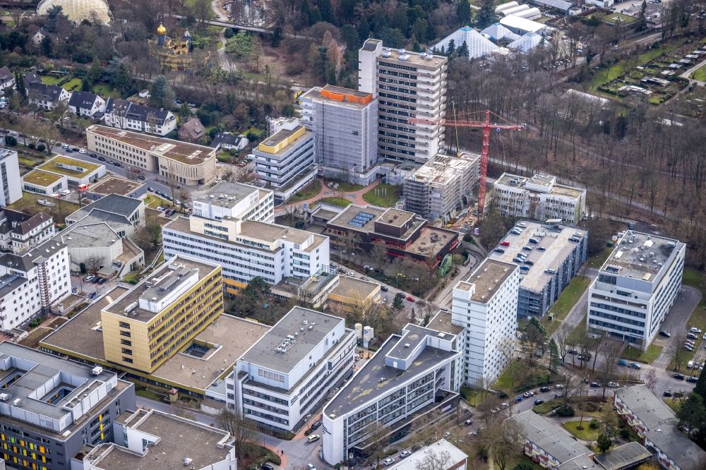 Essen from above - Construction site for a new extension to the hospital grounds Universitaetsklinik Essen on Virchowstrasse in the district Holsterhausen in Essen at Ruhrgebiet in the state North Rhine-Westphalia, Germany