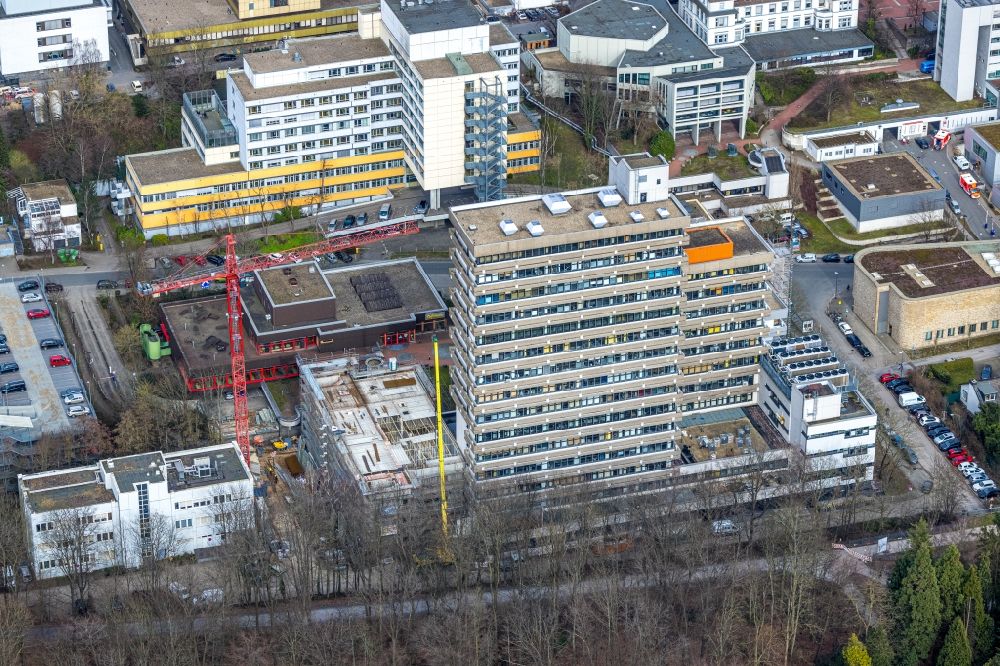 Aerial image Essen - Construction site for a new extension to the hospital grounds Universitaetsklinik Essen on Virchowstrasse in the district Holsterhausen in Essen at Ruhrgebiet in the state North Rhine-Westphalia, Germany