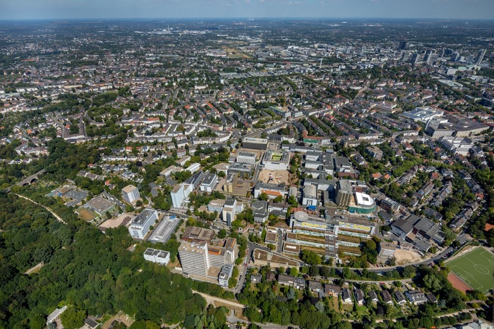 Essen from above - Construction site for a new extension to the hospital grounds Universitaetsklinikum Essen in Essen in the state North Rhine-Westphalia, Germany