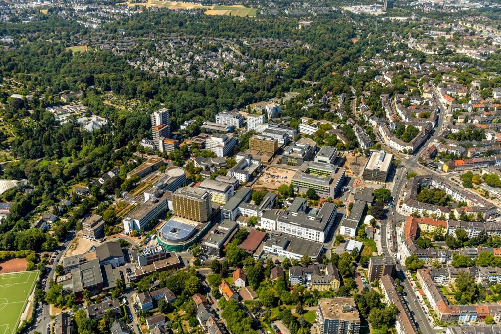 Essen from above - Construction site for a new extension to the hospital grounds Universitaetsklinikum Essen in Essen in the state North Rhine-Westphalia, Germany