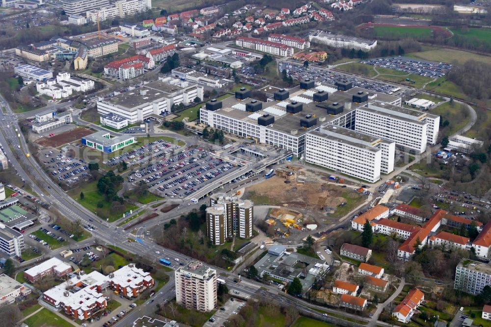 Göttingen from above - Construction site for a new extension to the hospital grounds Universitaetsklinikum UMG Goettingen in Goettingen in the state Lower Saxony, Germany