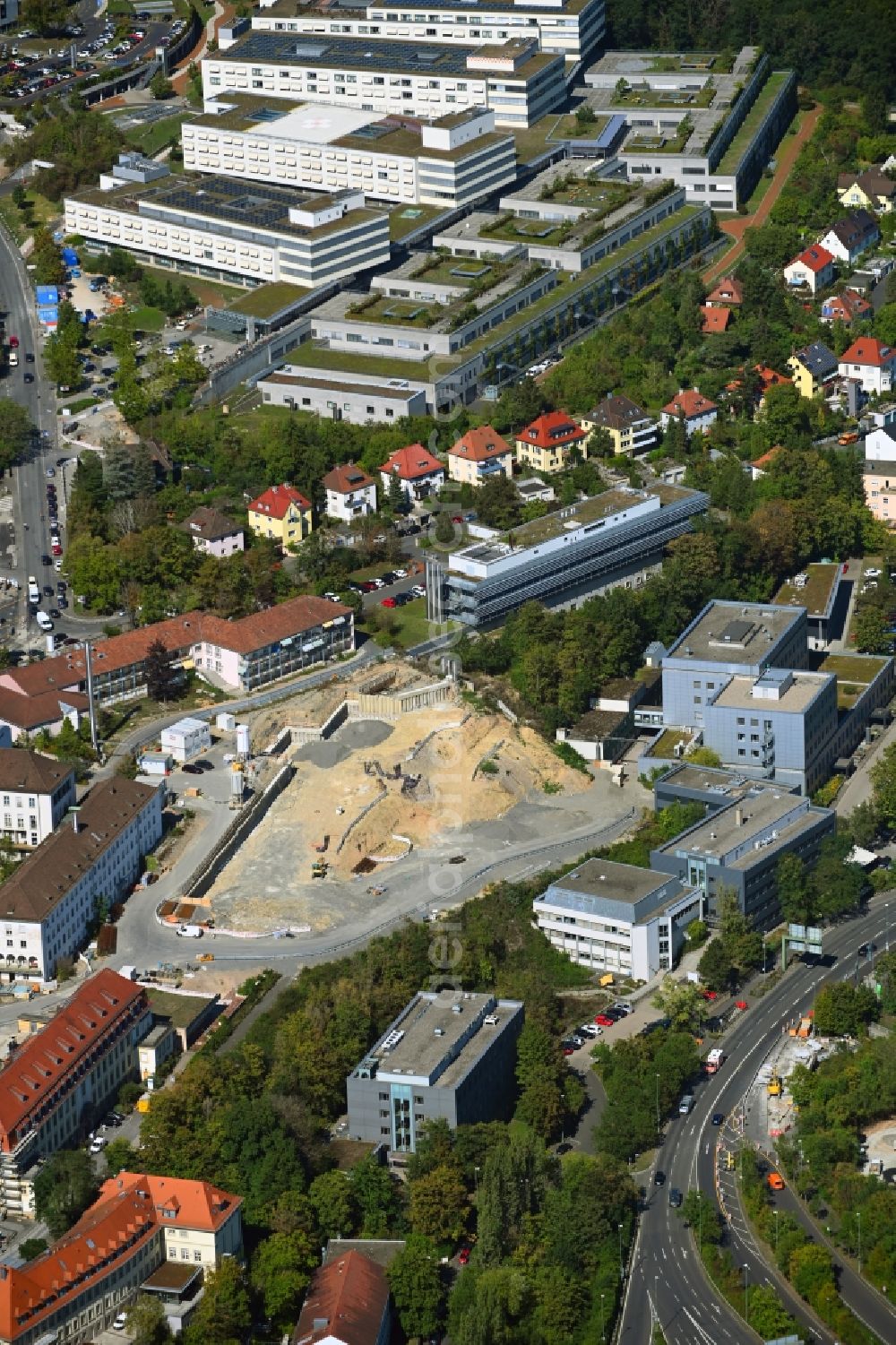 Würzburg from the bird's eye view: Construction site for a new extension to the hospital grounds of Universitaetsklinikum Wuerzburg on Josef-Schneider-Strasse in the district Lengfeld in Wuerzburg in the state Bavaria, Germany