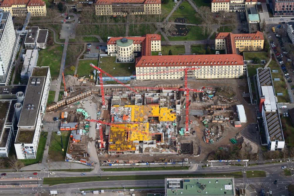 Aerial photograph Freiburg im Breisgau - Construction site for a new extension to the hospital grounds Universitaetsklinikum Freiburg in the district Stuehlinger in Freiburg im Breisgau in the state Baden-Wurttemberg, Germany