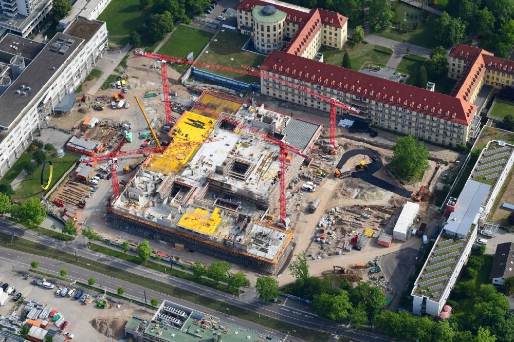 Freiburg im Breisgau from the bird's eye view: Construction site for a new extension to the hospital grounds Universitaetsklinikum Freiburg in the district Stuehlinger in Freiburg im Breisgau in the state Baden-Wurttemberg, Germany