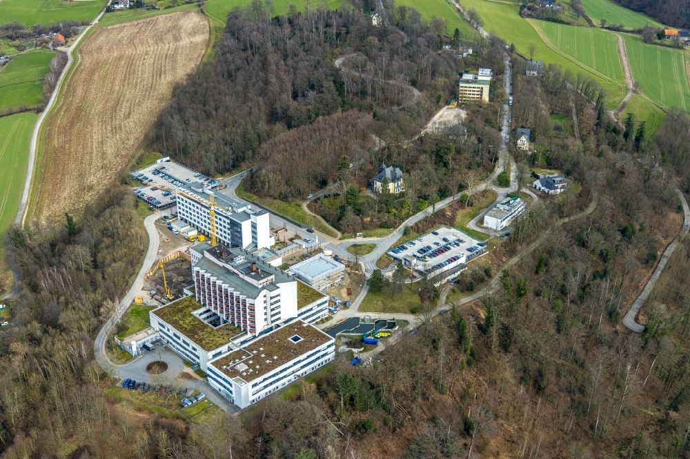 Essen from above - Construction site for a new extension on the clinic grounds of the hospital Ruhrlandklinik Center for Rare Lung Diseases in Essen in the Ruhr area in the state North Rhine-Westphalia, Germany